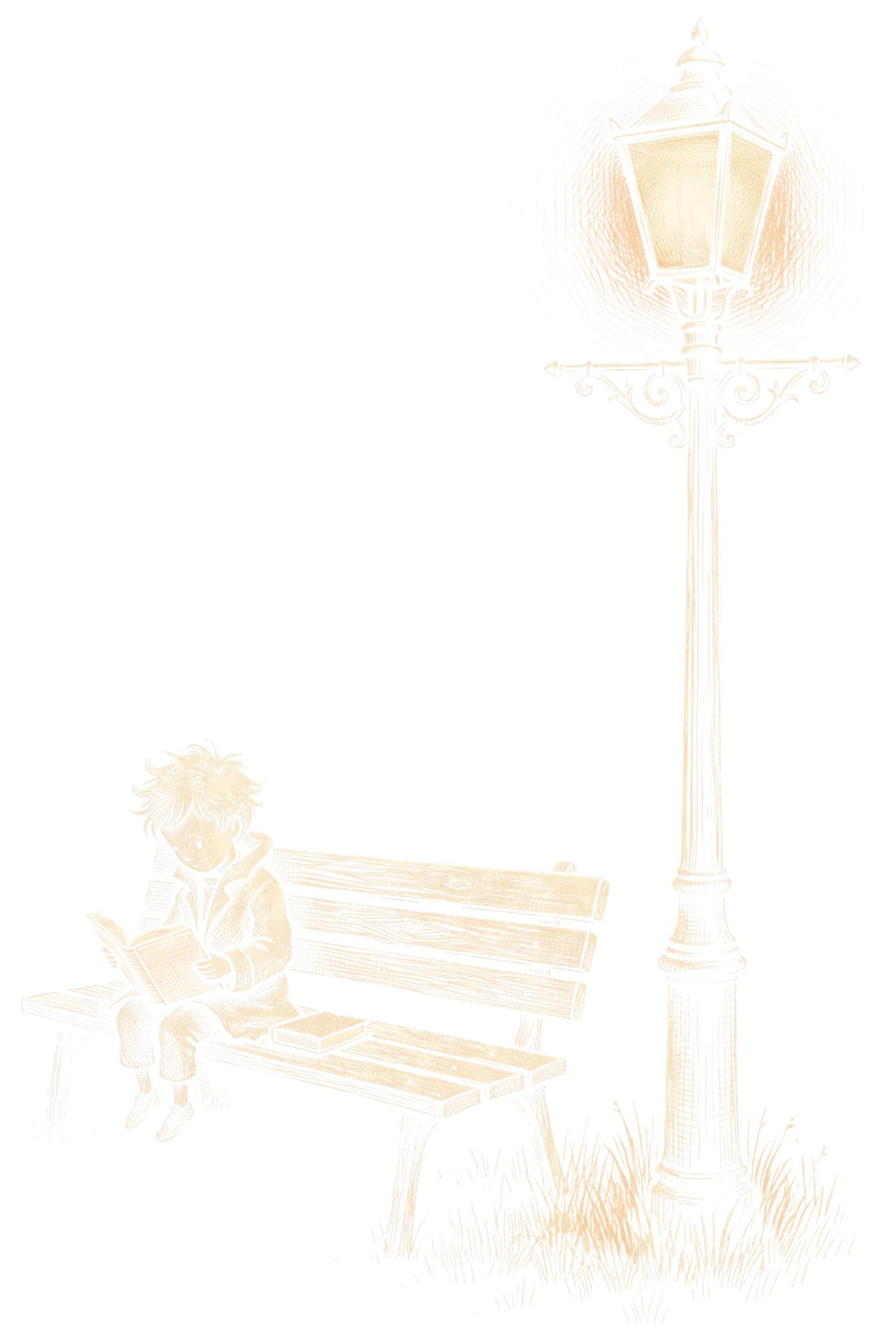 Un enfant lit sur un banc, sous un lampadaire allumé
